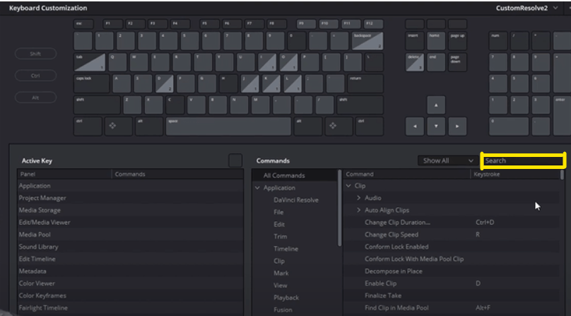 Keyboard customization in DaVinci Resolve